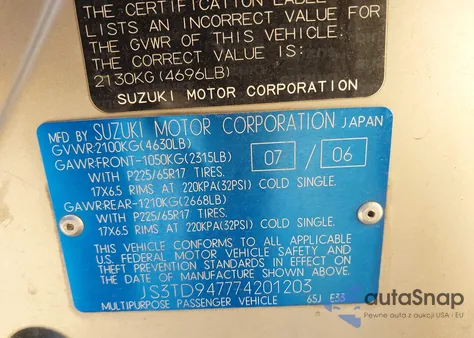 2007 Suzuki Grand Vitara Luxury из США, поврежденный, VIN JS3TD947774201203